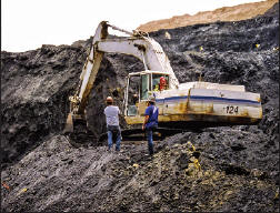 Collecting operation using heavy equipment, note yellow opriment rich zones in the upper photo. Collector’s Edge photo.