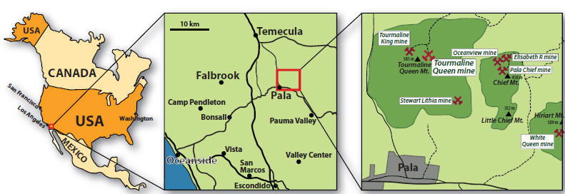 Map of North America showing inserts of the Pala area and the location of the Tourmaline Queen Mine.