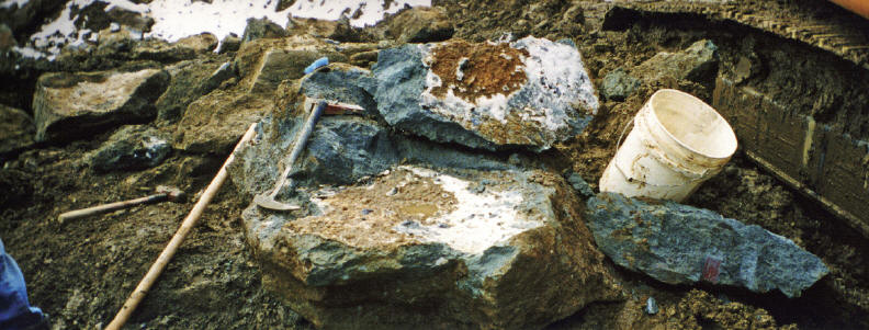 Big boulders with natrolite and benitoite veins. M. Gray photo.