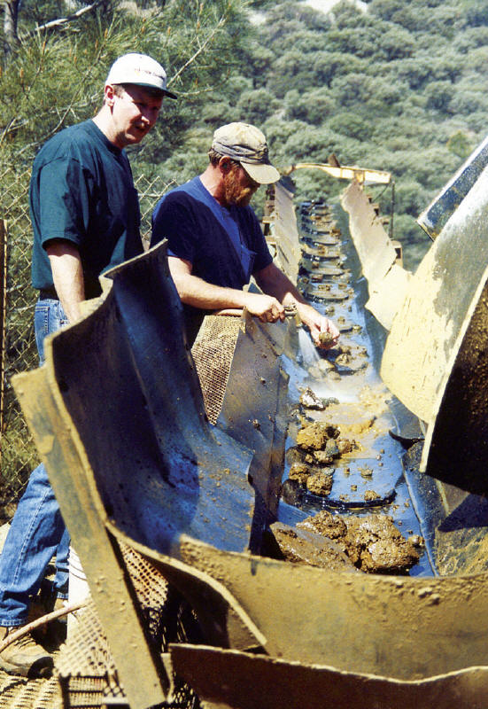 Bryan Lees watching for specimens and gem rough on conveyor belt. Next step was hand sorting gem crystals and fragments after washing. Last photo shows freshly collectedgem rystals. Collector’s Edge photos.