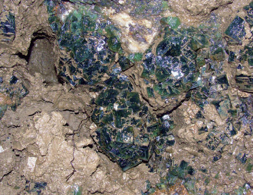 Fluorites in situ in the Rat Hole Pocket, note pocket clay. R. Brandstetter photo.
