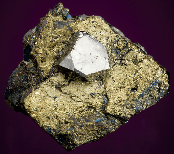 Sperrylite crystal, 1.3 cm across, in chalcopyrite matrix, specimen 5 cm wide. Wallbridge specimen. M. Bainbridge photo.