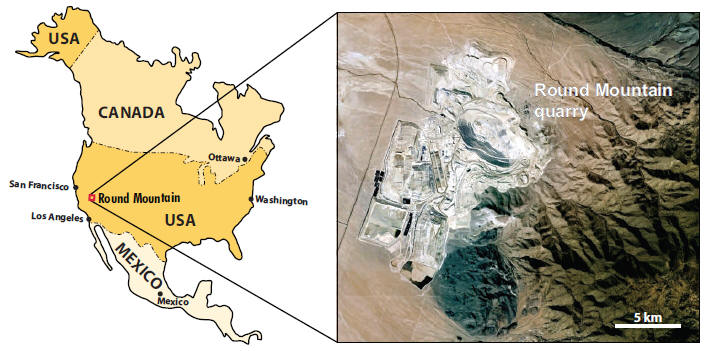 Map of North America with location of Round Mountain and aerial view of the open pitmine.