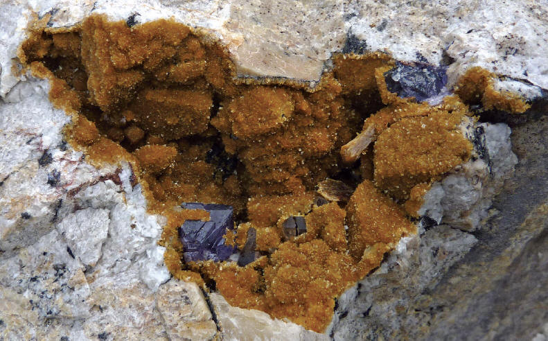 In situ open cavity with orange stilbite covering purple fluorites. Pocket is about 10 cm wide. K. Pietras photo.