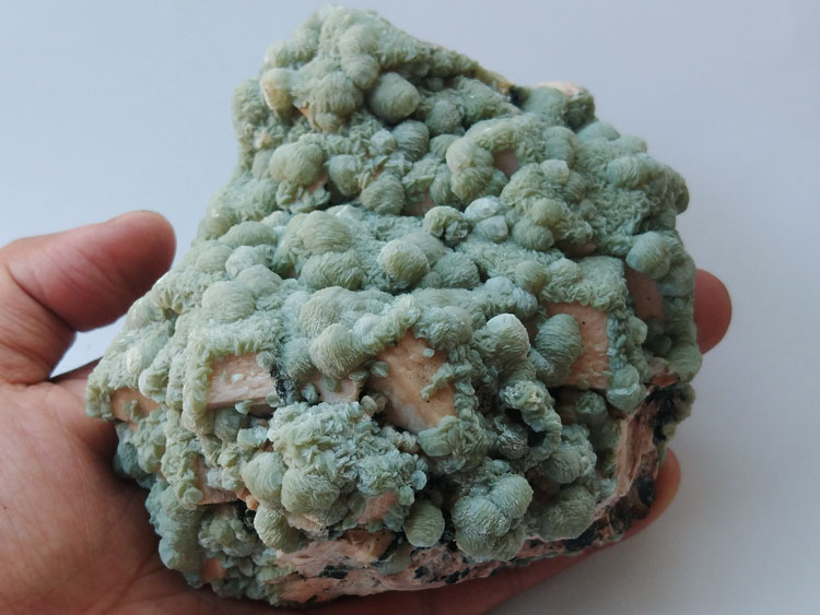 Crystal Cluster of New Spherical Green Calcite Mineral Specimens from Fujian Province,Calcite,Feldspar